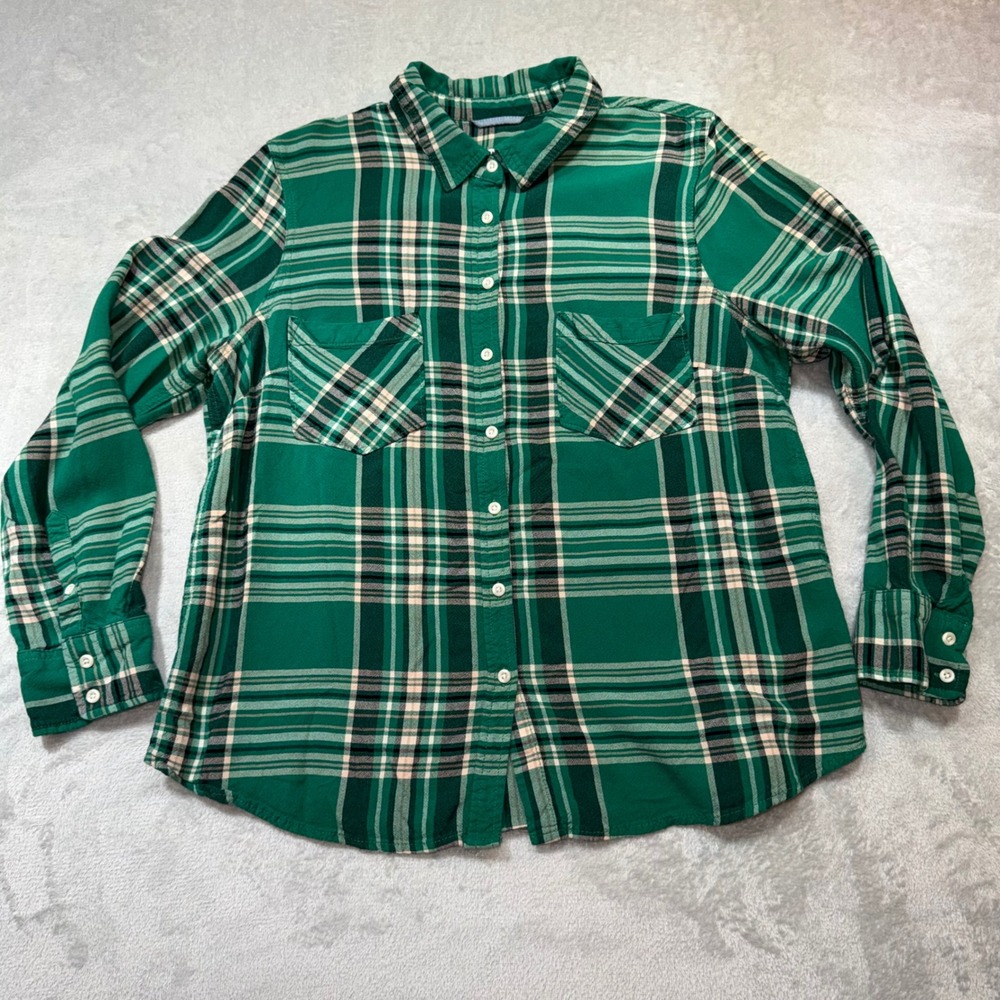 Soft Comfort Green Plaid Button Down Shirt Long Sleeve Rayon Flannel Style‎ Top